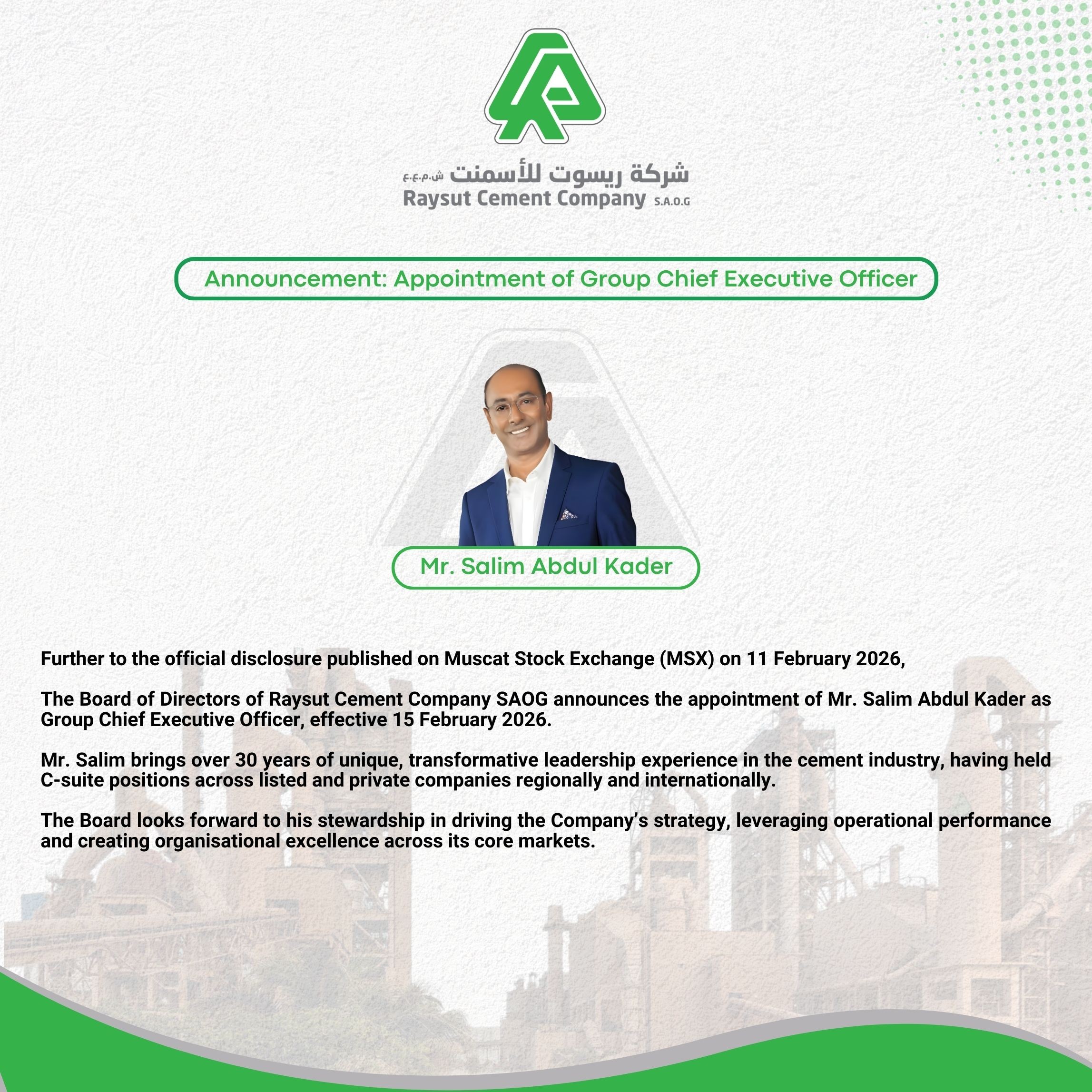 Announcement - Appointment of Group CEO